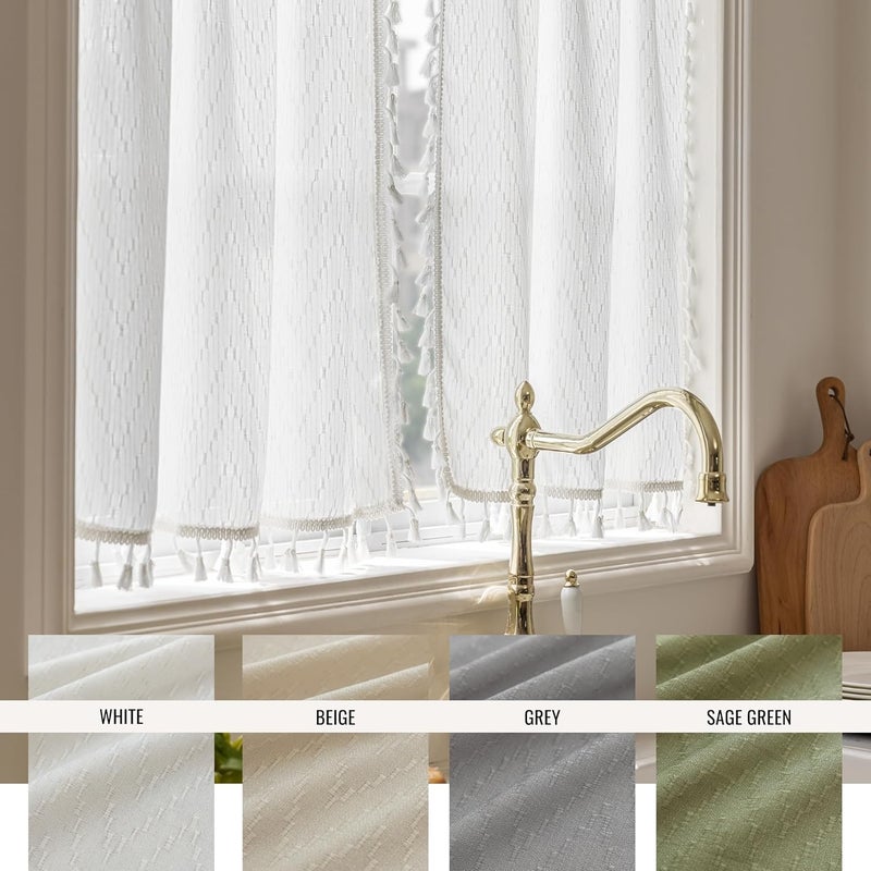 VOILYBIRD Kitchen Window Curtains Over Sink 45 Inch Length Boho Tassel Tiers Cafe Curtains Zigzag Design, 2 Panels, White - Image 2